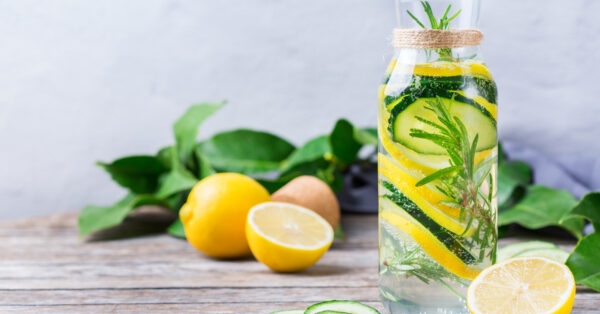 Fresh cool lemon cucumber rosemary infused water detox drink
