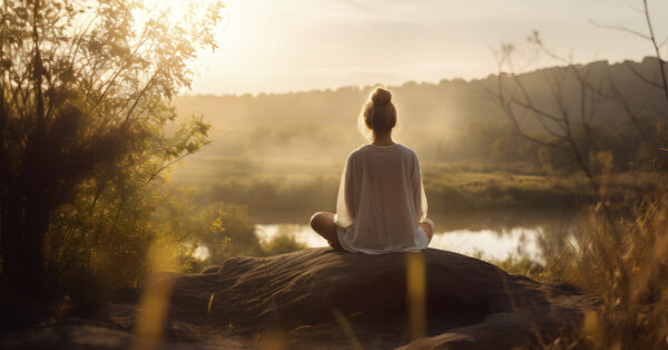 person meditating in nature with an emphasis on tranquility, min